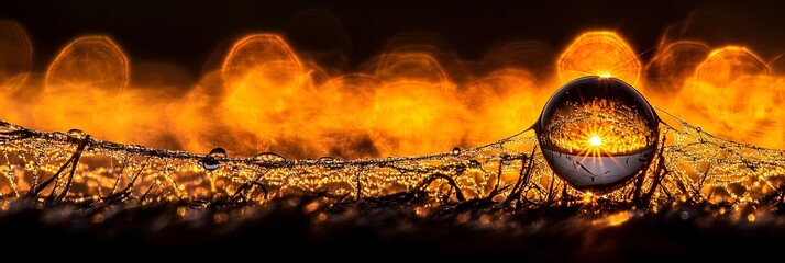 Sunrise Dewdrop Sphere on Spiderweb Golden Hour Nature Photography Dark Image Macro Water Glass