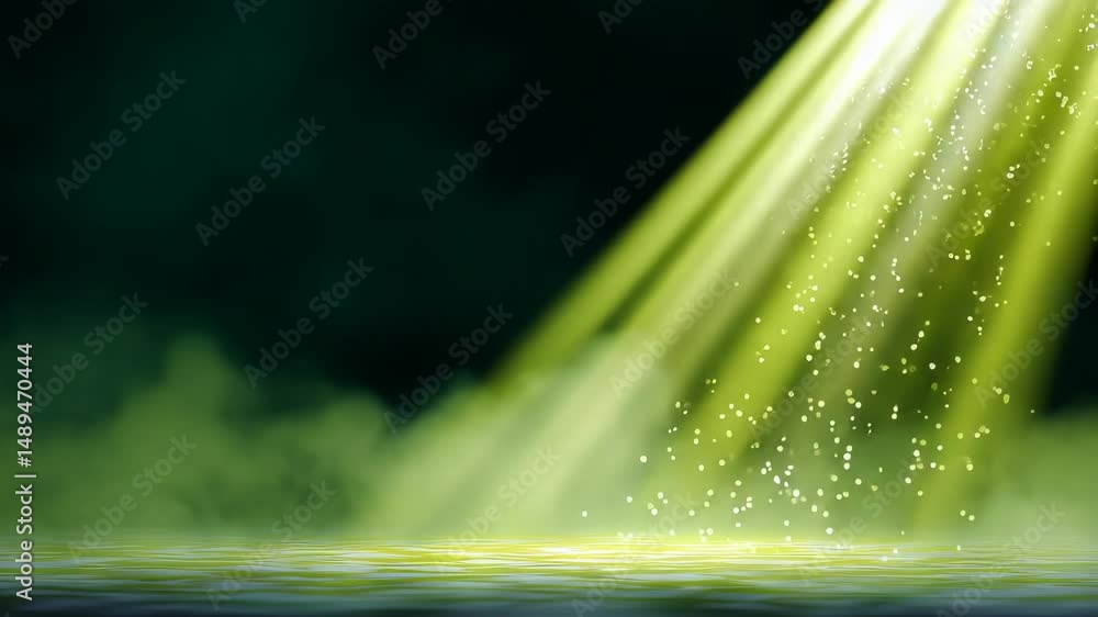 Poster glowing beam of light illuminating a misty scene with floating particles
