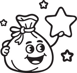Smiling money sack with stars outline vector illustration.