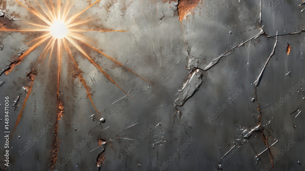 Poster abstract metallic surface with sunburst design and fractured texture