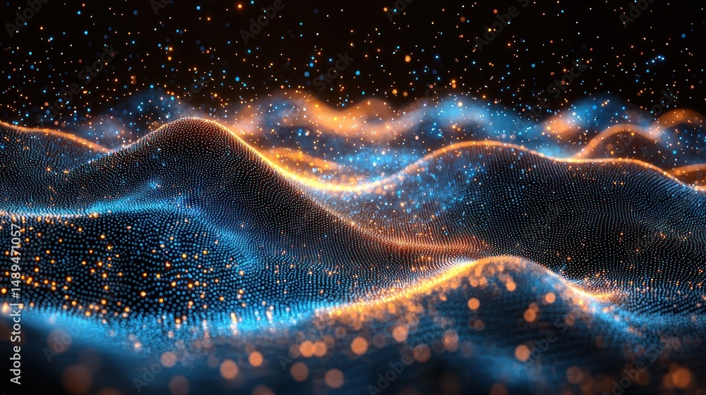 Poster glowing, undulating particles form a wave-like pattern, creating a mesmerizing visual effect. blue a