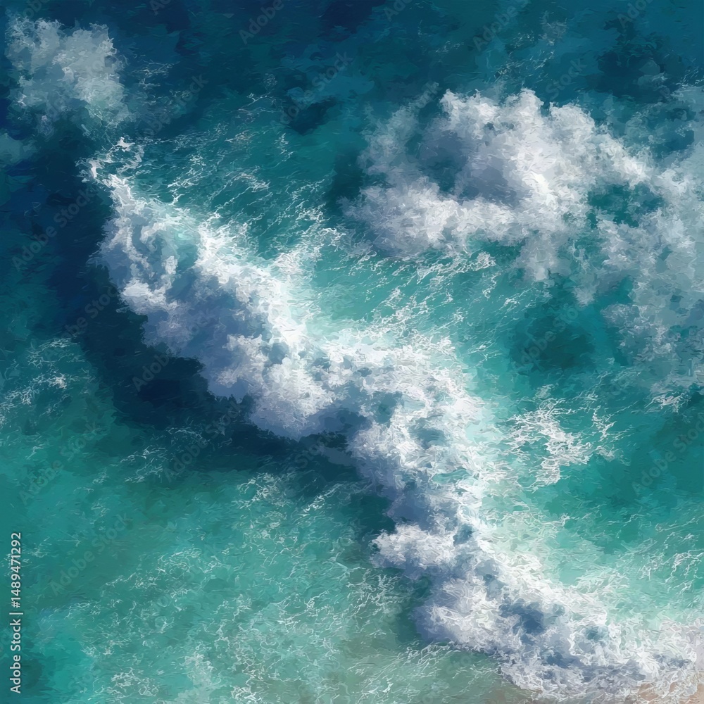 Poster aerial view of ocean waves creating patterns in turquoise water.