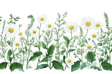 label design, blooming chamomile and mint leaves, Ukrainian folk motifs, clean white background, soft green accents, vector