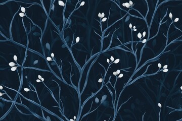 loneliness theme, leafless branches and frosted flowers, Ukrainian aesthetic vector seamless pattern, midnight palett