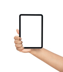 Hand holding digital tablet with mockup of blank screen on isolated white background.