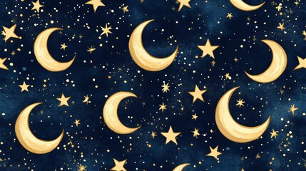 Golden moons and stars night sky seamless pattern design