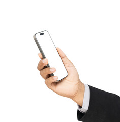 Hand holding the black smartphone with mockup of blank screen on isolated white background.
