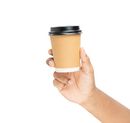 Hand holding coffee paper cup on isolated background.