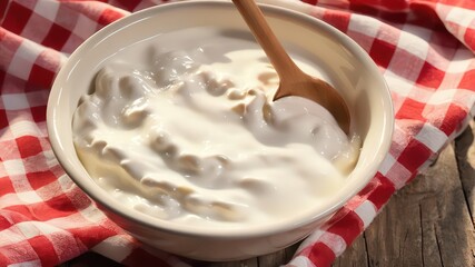 Creamy dairy dessert in a bowl on a red and white checkered cloth