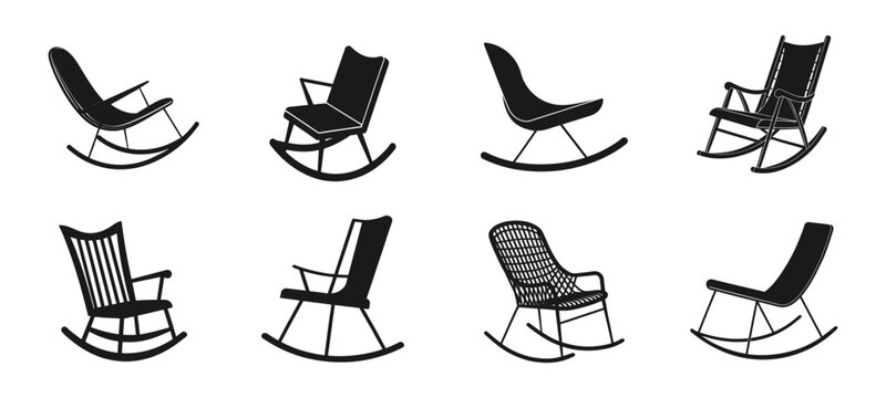 Set of various style black silhouette rocking chair isolated on white background.