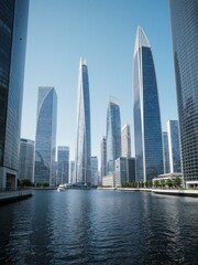 Obraz premium A city with skyscrapers and buildings on both sides of river. A boat is in motion across the water surface.