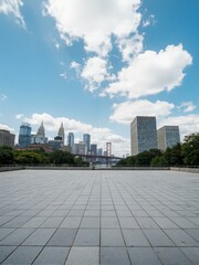 Fototapeta premium A cityscape with skyscrapers and bridge in distance.