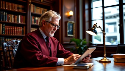 a university dean, approving academic schedules on tablet, traditional wood paneled office with bookshelves, warm desk lamp illumination, educational leadership style