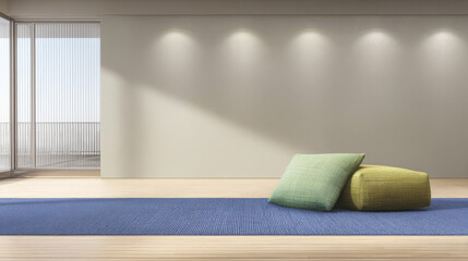Modern minimalist interior design with yoga mats and cushions in bright room