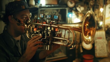 Man plays modified trumpet in workshop