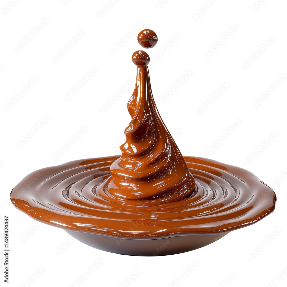 Poster luxurious chocolate splash with levitating drops isolated on white backdrop