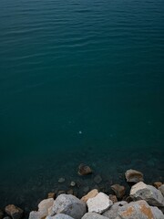 A close up view of some rocks near greenish water.