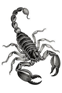 Scorpion drawing with high detail and realistic shading, making it highly suitable for tattoo designs, wildlife illustrations, or educational material, perfectly capturing the essence of a fierce pred