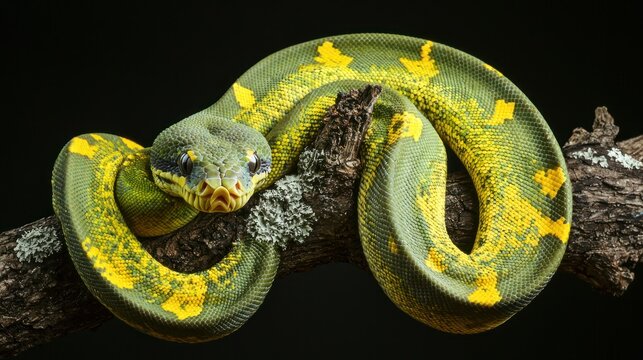 Close-up of a green tree python coiled around a branch, focusing on the texture of its scales