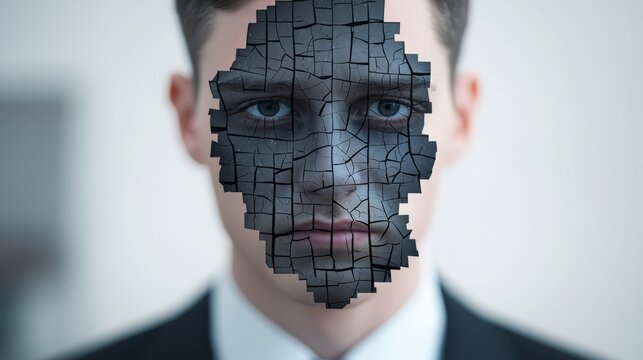 A young man in a suit with a cracked, mosaic-like texture covering part of his face, conveying a sense of fragmentation or duality.