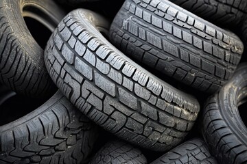 Obraz premium A close-up view of stacked used tires with visible tread patterns, some showing signs of wear and dirt, emphasizing texture and repetition in a dark setting