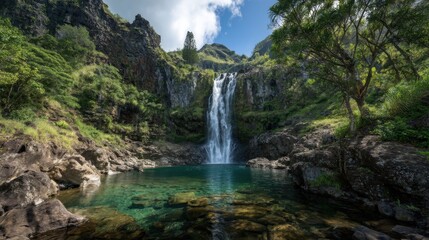Fototapeta premium Waterfall and pool nestled in a lush tropical mountain landscape create a serene nature destination
