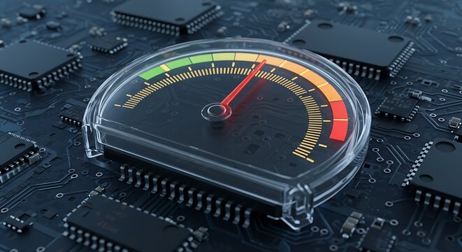 Digital Performance Meter on Circuit Board Indicating High Speed, Data Flow, or System Overload - Powered by Adobe