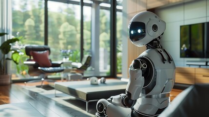 A futuristic robot sitting in a modern living room with large windows and contemporary furniture design .