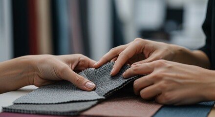 Hands Selecting Fabric Swatches for Upholstery and Interior Design Project