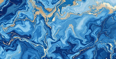 Fototapeta premium Abstract marble texture with fluid blue tones and gold accents, bright artistic background, concept of luxury and elegance. Ai generative