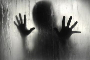 Silhouetted figure pressing both hands against a foggy textured glass surface creating a mysterious and eerie atmosphere