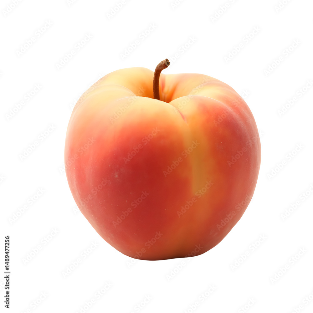 Poster photorealistic depiction of a single ripe peach with vibrant colors and intricate details on a solid