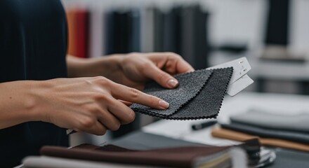 Person choosing fabric swatches for interior design or fashion projects