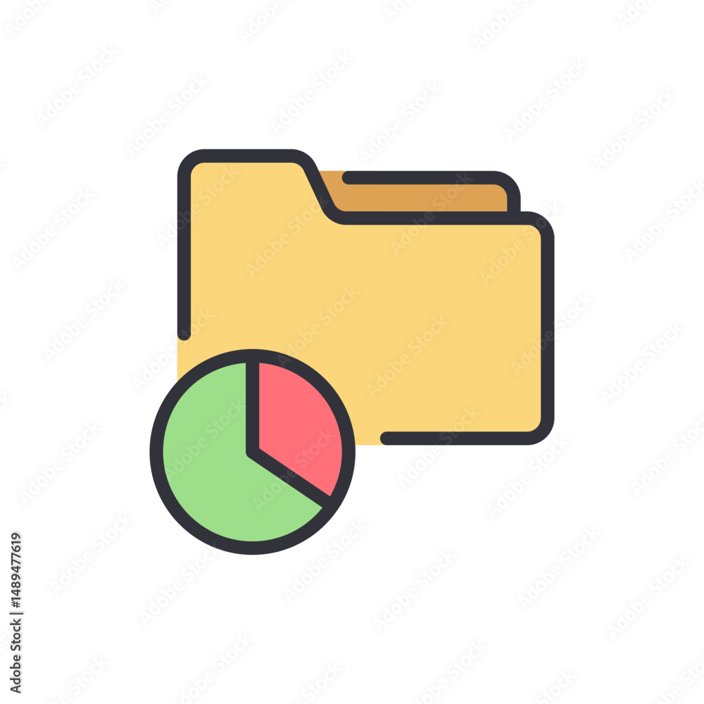 Poster folder with pie chart showing data analysis information icon