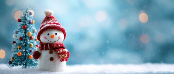Obraz premium Winter snowman with a Christmas tree showcases holiday decoration against a festive blurred background
