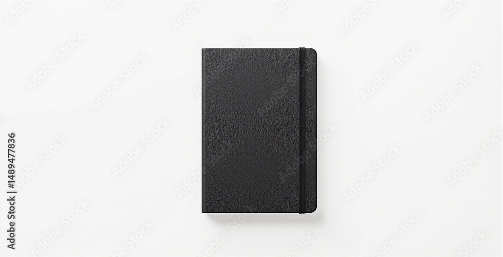 Poster closed textured notebook with elastic strap placed centrally on a bright white background, minimalis