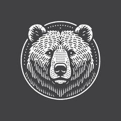 Rustic Bear Head Portrait Drawing &ndash; Vintage Wildlife Animal Vector Artwork for Nautical Apparel, Posters, and T-Shirt Designs on Dark Background