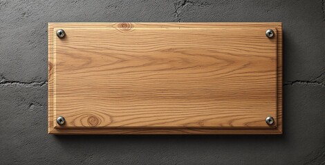 Wooden signboard with screws on textured concrete wall background, natural woodgrain style, used as mockup background or branding concept. Ai generative