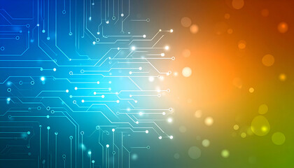 Abstract Technology Background Circuit Board Design with Blue, Orange, and Green Gradient