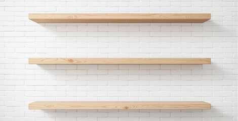Three wooden floating shelves mounted on a white brick wall background in a bright setting, concept for home decor, storage, or product display. Ai generative