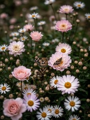 A few butterflies are sitting on flowers.