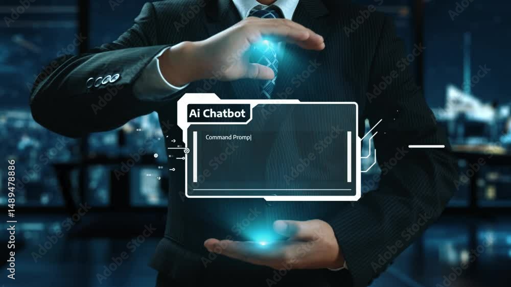 Poster human interact with ai artificial intelligence virtual assistant chatbot in concept of ai artificial