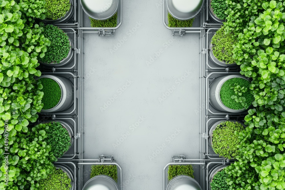 Poster lush greenery in planters frames a minimalistic central space.