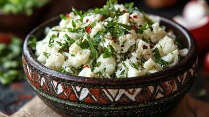 Enjoy a healthy and colorful salad featuring fresh cauliflower and herbs.