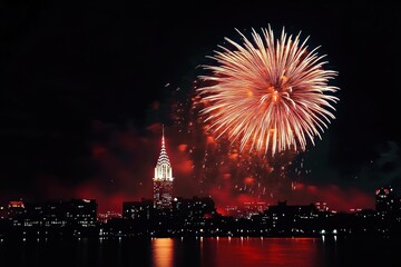 Naklejka premium Bright orange fireworks exploding over a nighttime city skyline with illuminated buildings reflecting on the water surface