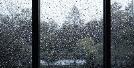 Raindrops on a clear glass window with blurred trees in the background, in a bright natural setting. Concept of peaceful mood and rainy weather. Ai generative