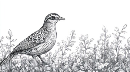Detailed grayscale drawing of a small bird perched amidst a cluster of foliage.  The bird is depicted in profile view, showcasing intricate feather details. 