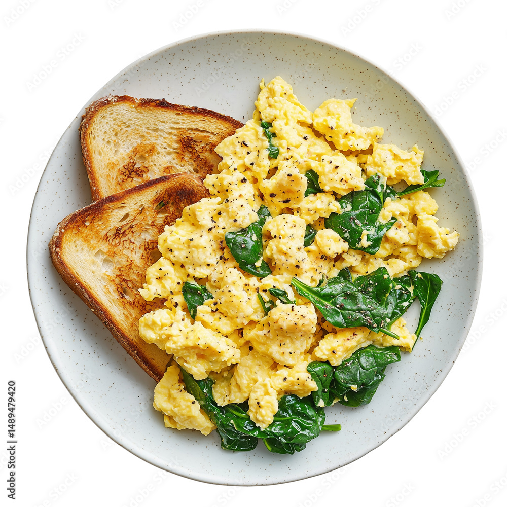 Poster scrambled eggs with spinach served alongside toasted bread on a plate. isolated on white background 