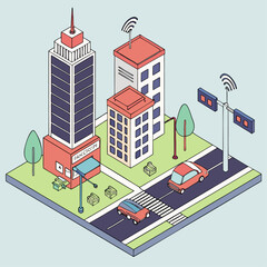 Smart city concept. Isometric Smart City with Renewable Energy and Eco Transport.  Outline isometric illustration.