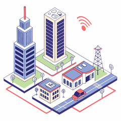 Smart city concept.Eco-Friendly Cityscape with Wind Turbines and EV Charging Stations.  Outline isometric illustration.